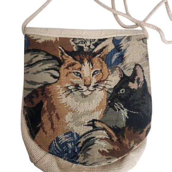 Tapestry Cat Design Cross Over mini Purse Beige Light Weight - Picture 2 of 8